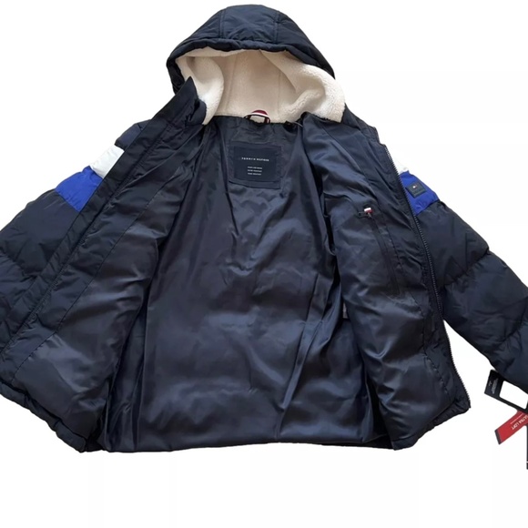 Tommy Hilfiger Hooded Wind Resistant Puffer Jacket Navy Blue White Mens Medium M - Picture 9 of 9